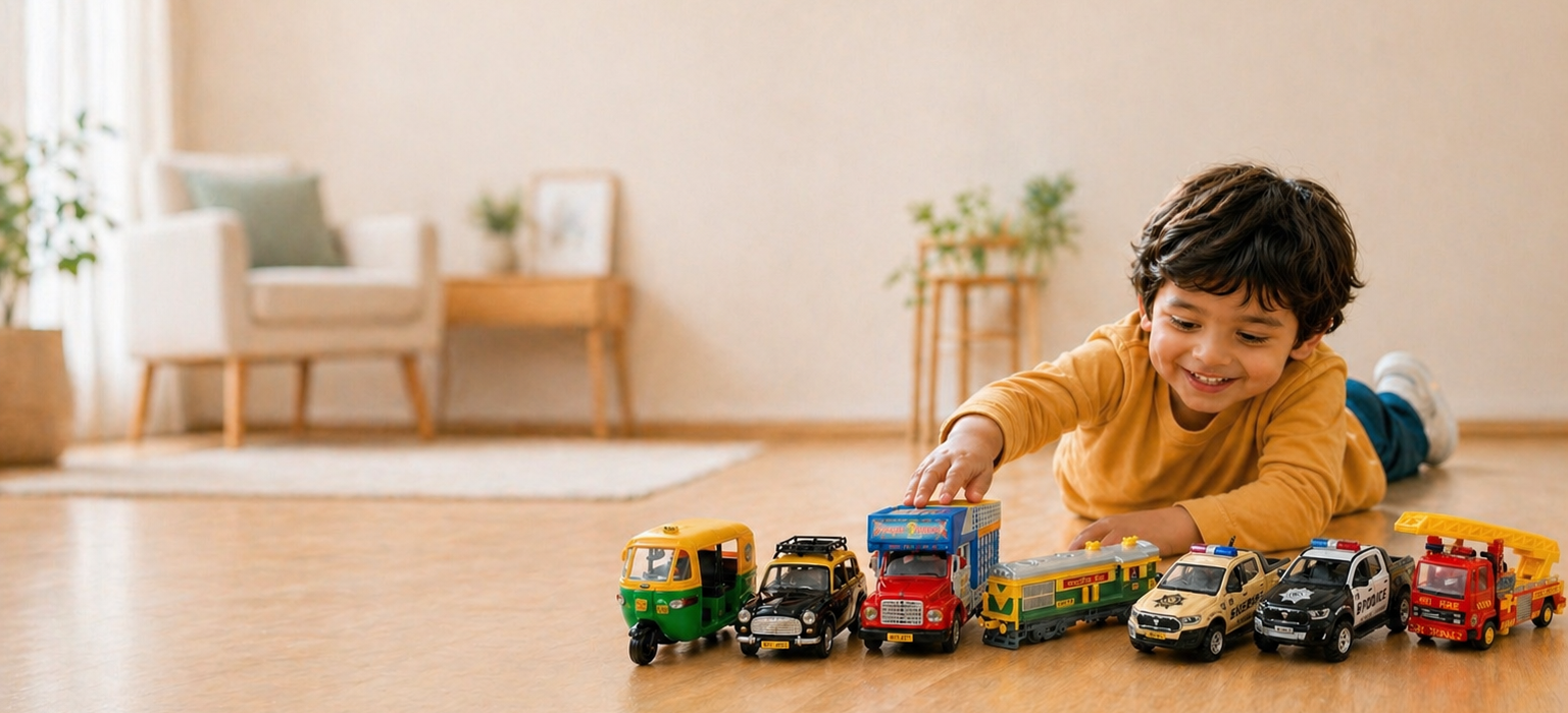 Children playing with Centy pull-back toys